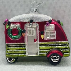 Pier 1 Imports Camper Christmas Ornament Glass NWT Red Green 4” Hanging